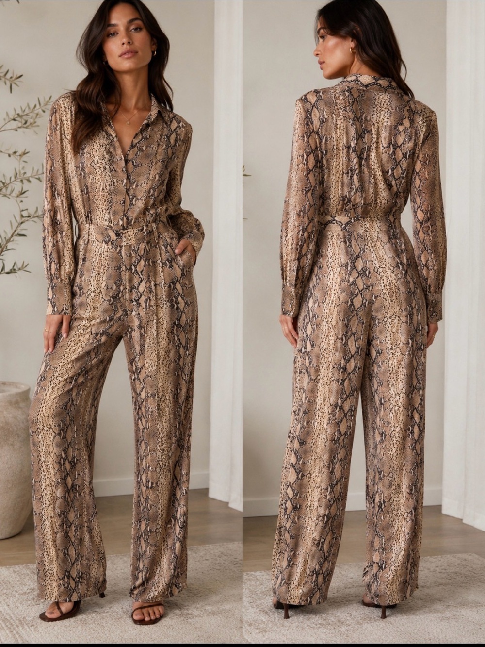 Mango-Snake-Print Long-Sleeve Wide-Leg Jumpsuit - Brown